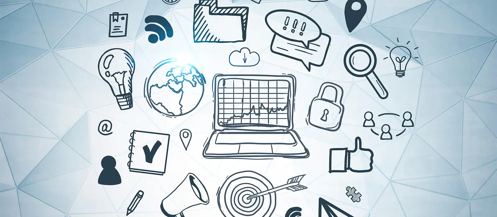 Hintergrundbild der Rubrik Risikobegegnung mit verschiedenen Internet- und Mediensymbolen