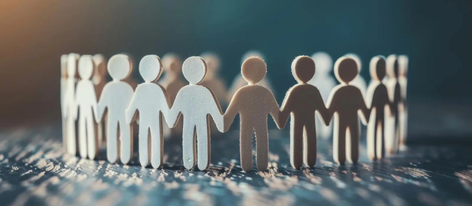 Hintergrundbild der Rubrik Über uns mit kleinen Männchen aus Holz, die sich an den Händen halten 